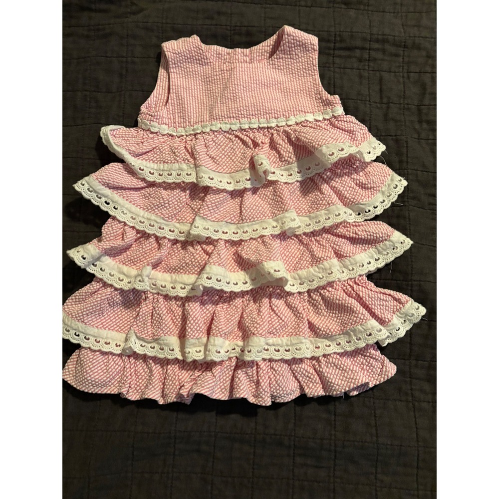 Lilly‎ Pulitzer Girls Pink Seersucker Tiered Ruffle Eyelet Lace Dress Size 2